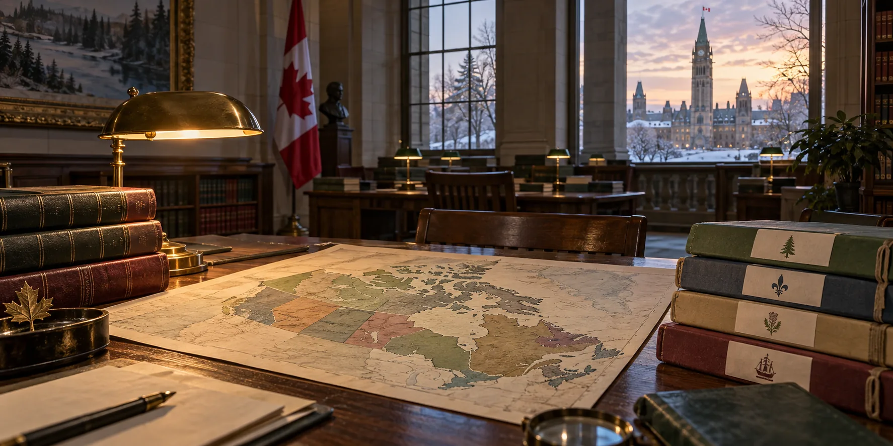 Canadian legal records and a map of Canada in a reading room