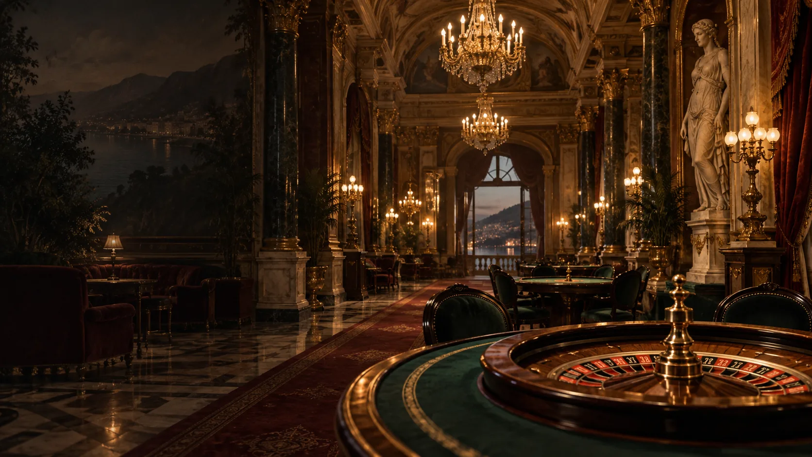 Casino hall with chandeliers and decorative arches