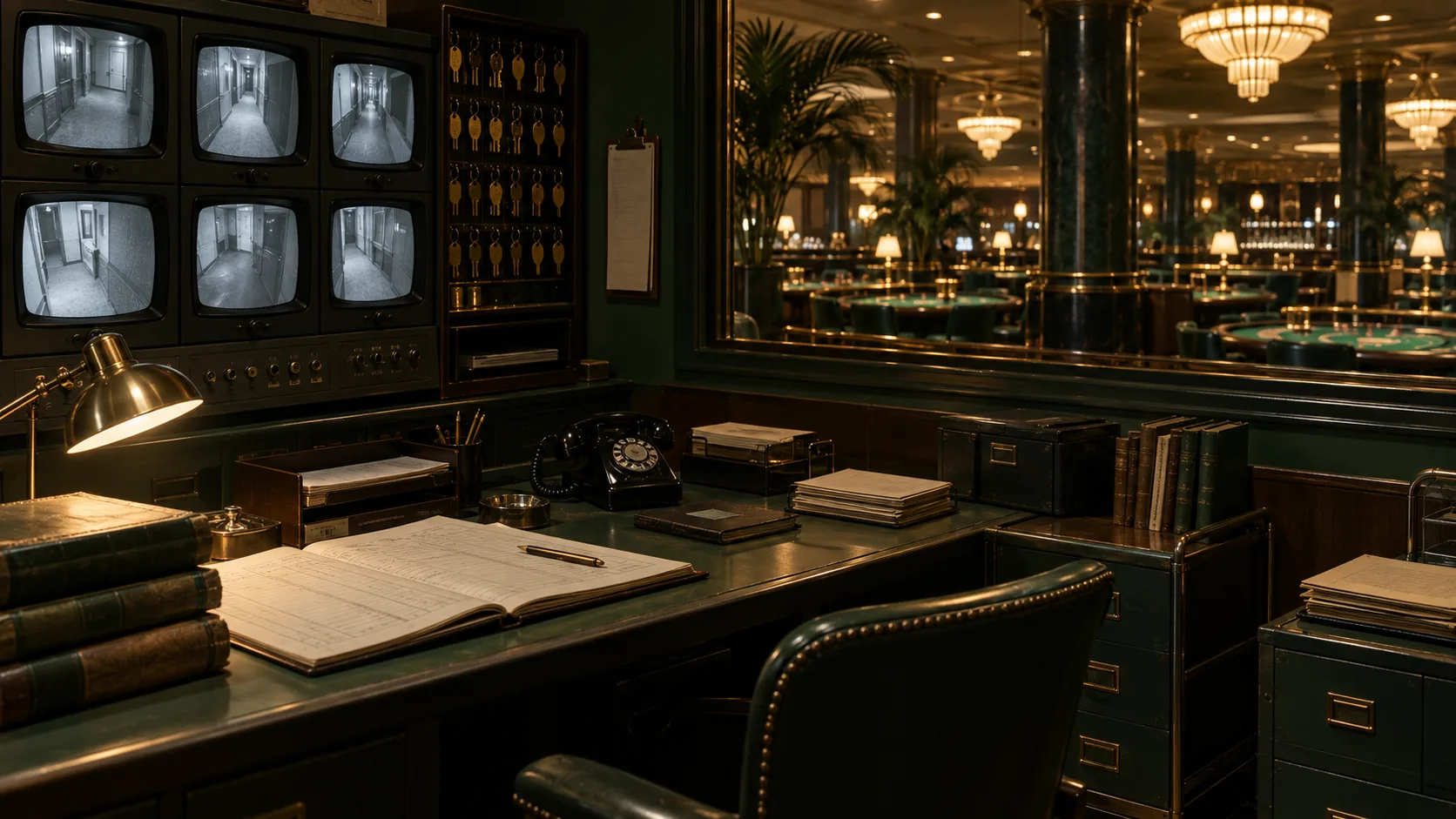 Casino operations room with ledgers and surveillance monitors