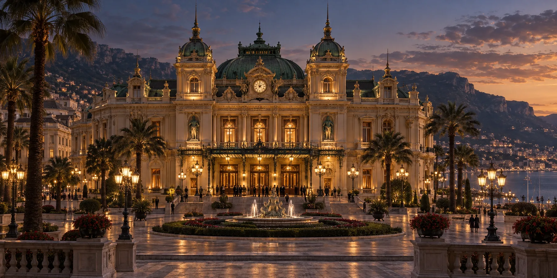 Grand casino facade illuminated at dusk