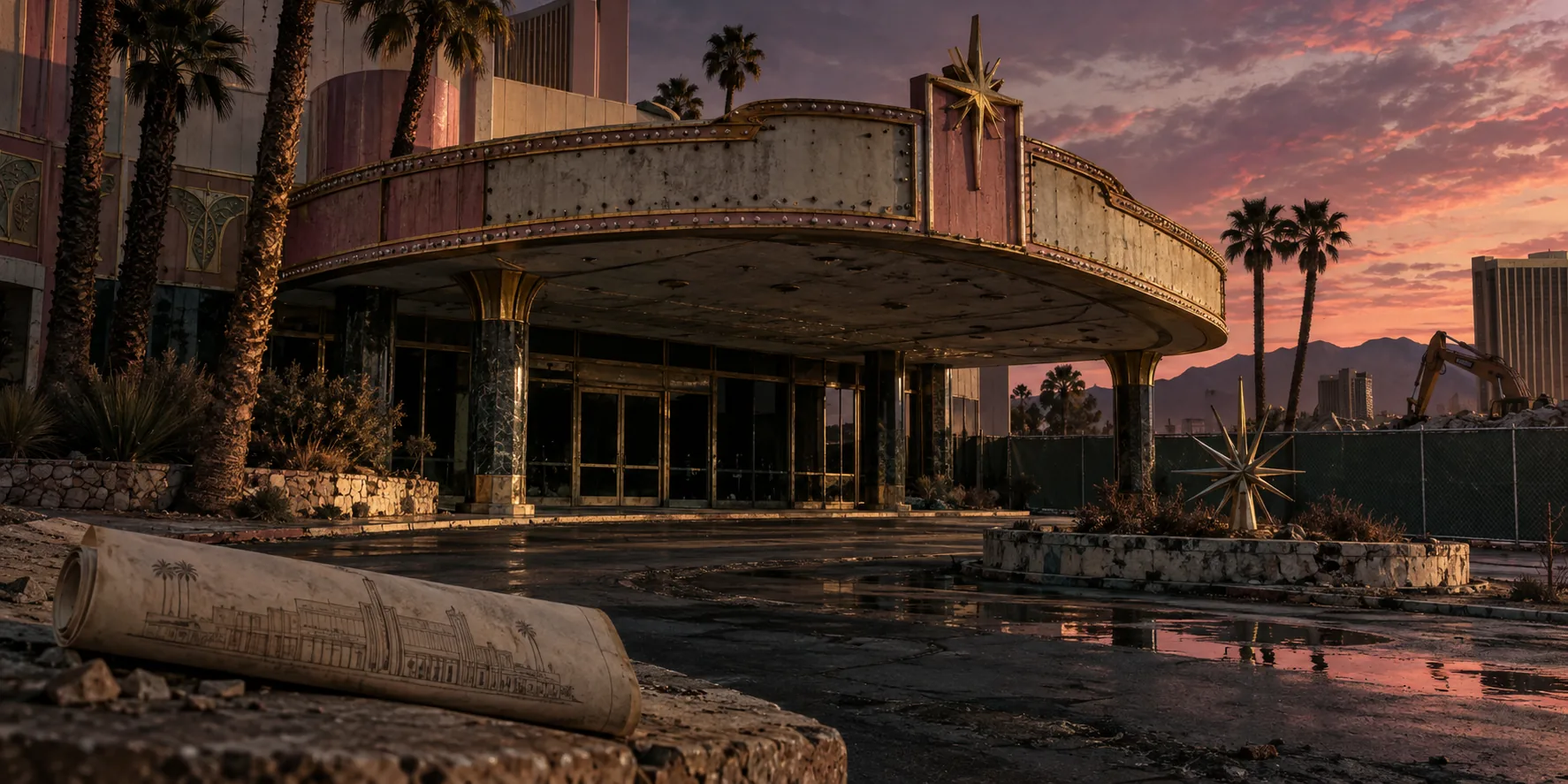 Closed mid-century casino resort at dusk