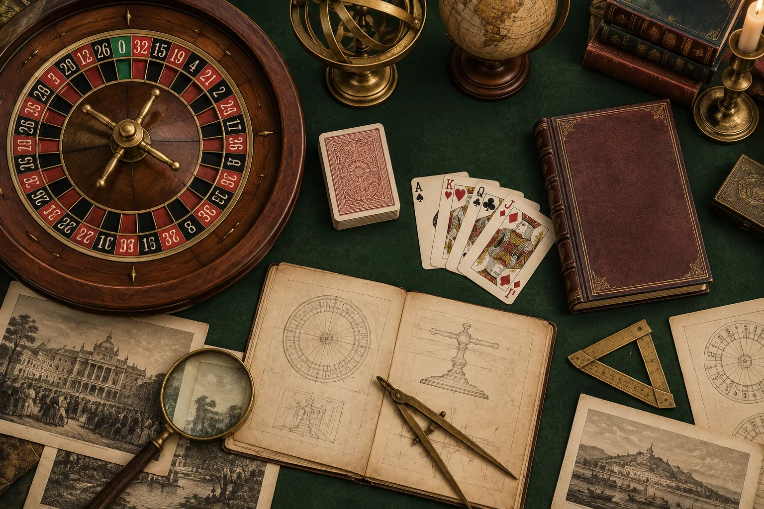 Roulette wheel, playing cards and rulebook on a green table