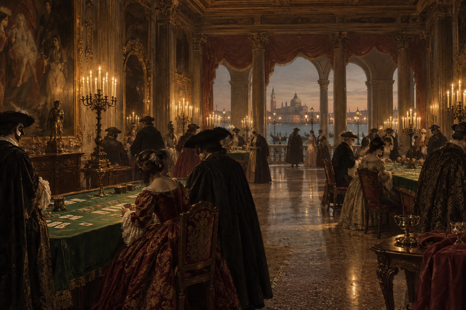 Candlelit Venetian gaming room with long tables